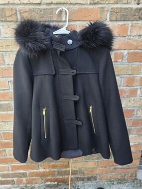 Zara Black Faux Fur-Trim Toggle Pea Coat